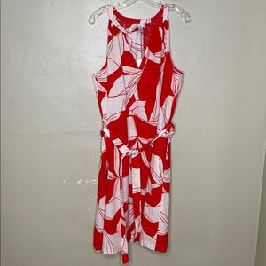 A NEW DAY Red & White Tropical Leaf Sleeveless Cotton Belted Shift Dress NWT XXL